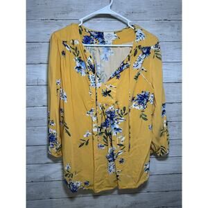 St. John's Bay Yellow Floral Tie Neck Long Sleeve Blouse L Rayon lightweight